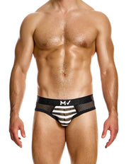 Modus Vivendi Striped Through Bottomless Brief. Made in Greece. Mens bottomless Brief. mesh brief. black