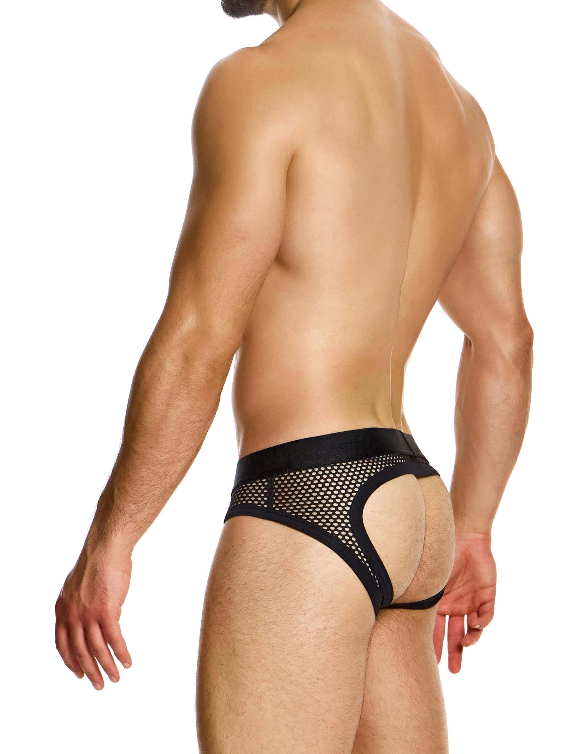 Modus Vivendi Striped Through Bottomless Brief. Made in Greece. Mens bottomless Brief. mesh brief. black