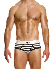 Modus Vivendi Striped Fly brief. Made in Greece. Mens Brief. trunk. mesh brief. underwear party. black