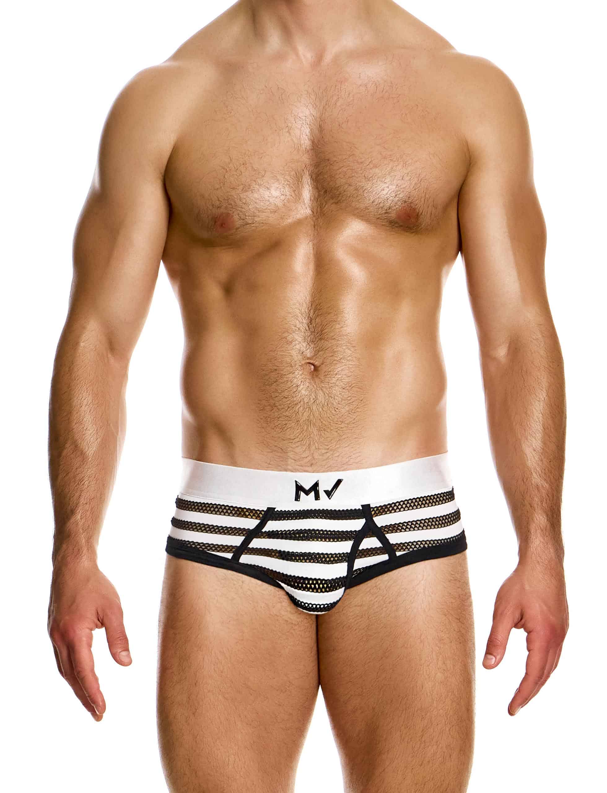 Modus Vivendi Striped Fly brief. Made in Greece. Mens Brief. trunk. mesh brief. underwear party. black