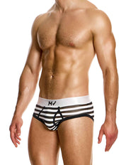Modus Vivendi Striped Fly brief. Made in Greece. Mens Brief. trunk. mesh brief. underwear party. black