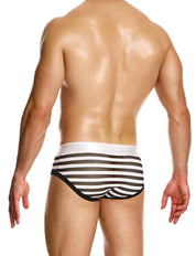 Modus Vivendi Striped Fly brief. Made in Greece. Mens Brief. trunk. mesh brief. underwear party. black