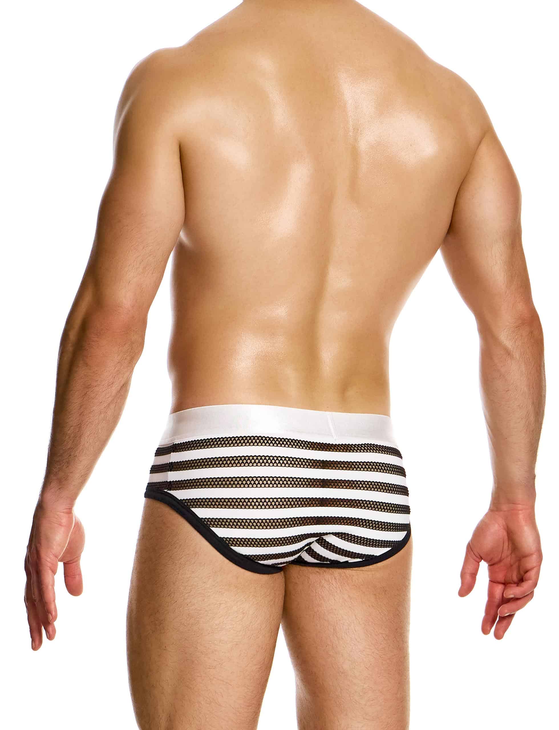 Modus Vivendi Striped Fly brief. Made in Greece. Mens Brief. trunk. mesh brief. underwear party. black