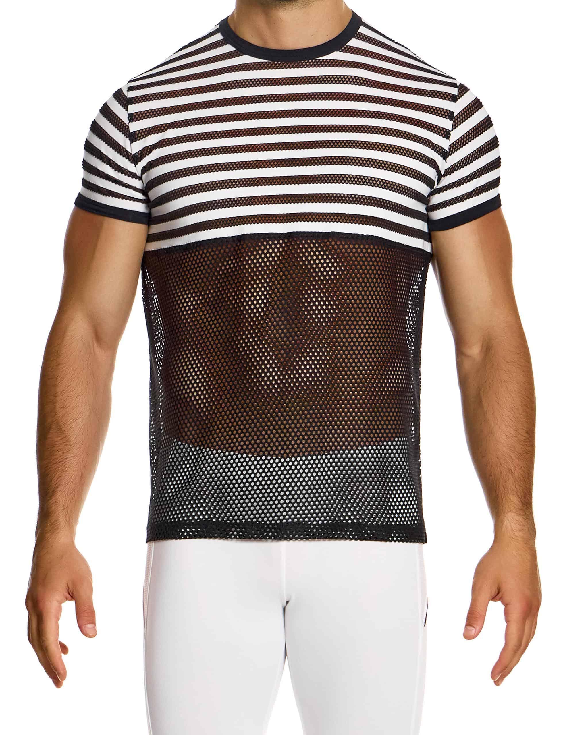 Modus Vivendi Striped  through tshirt. Made in Greece. Mens beach wear mesh t-shirt. underwear party. black