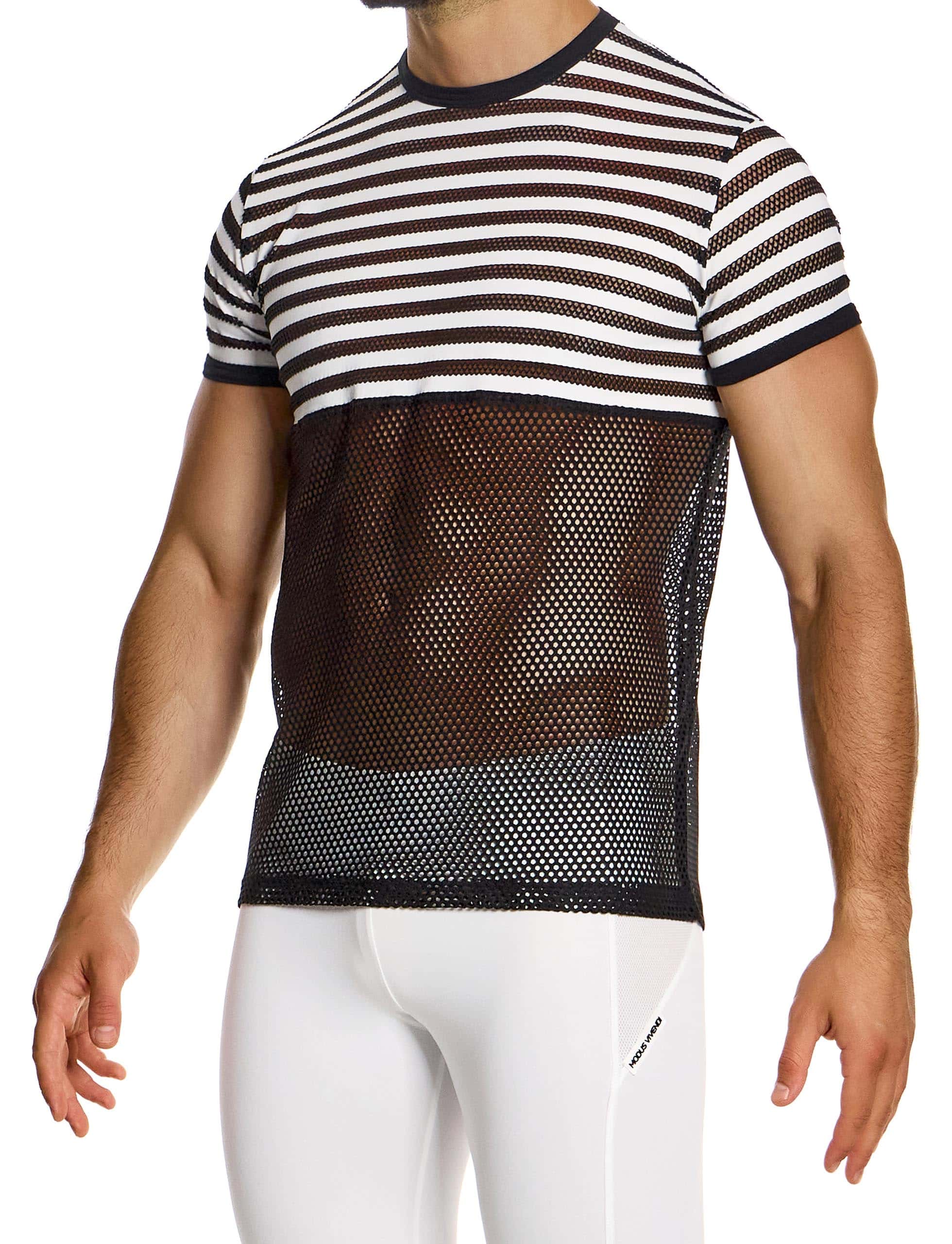 Modus Vivendi Striped  through tshirt. Made in Greece. Mens beach wear mesh t-shirt. underwear party. black