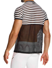 Modus Vivendi Striped  through tshirt. Made in Greece. Mens beach wear mesh t-shirt. underwear party. black