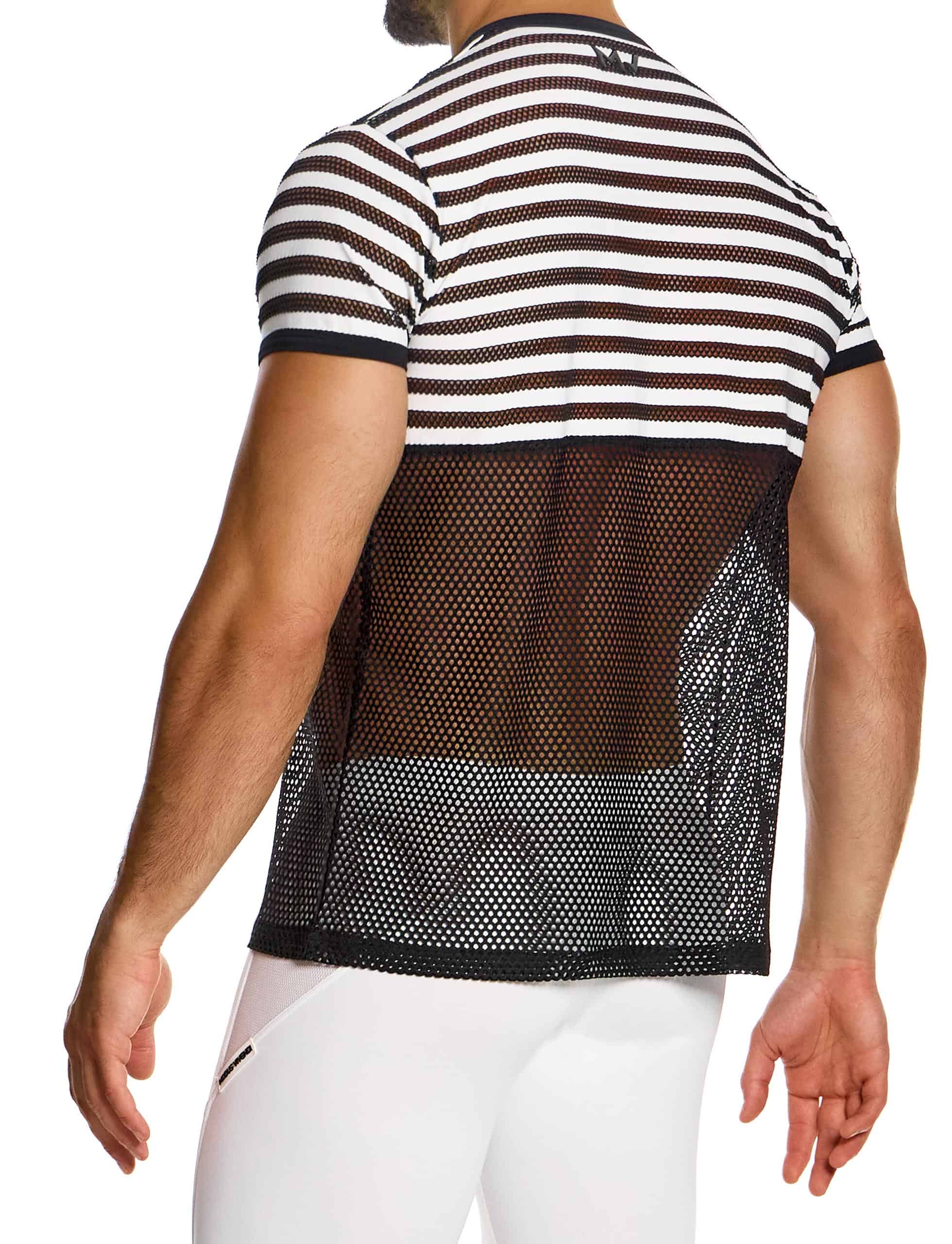 Modus Vivendi Striped  through tshirt. Made in Greece. Mens beach wear mesh t-shirt. underwear party. black