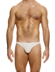 Modus Vivendi Striped Crochet Low Cut Brief. Made in Greece. Mens boxer Brief.  shorts. beach wear. ultra low cut brief. White