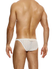Modus Vivendi Striped Crochet Low Cut Brief. Made in Greece. Mens boxer Brief.  shorts. beach wear. ultra low cut brief. White