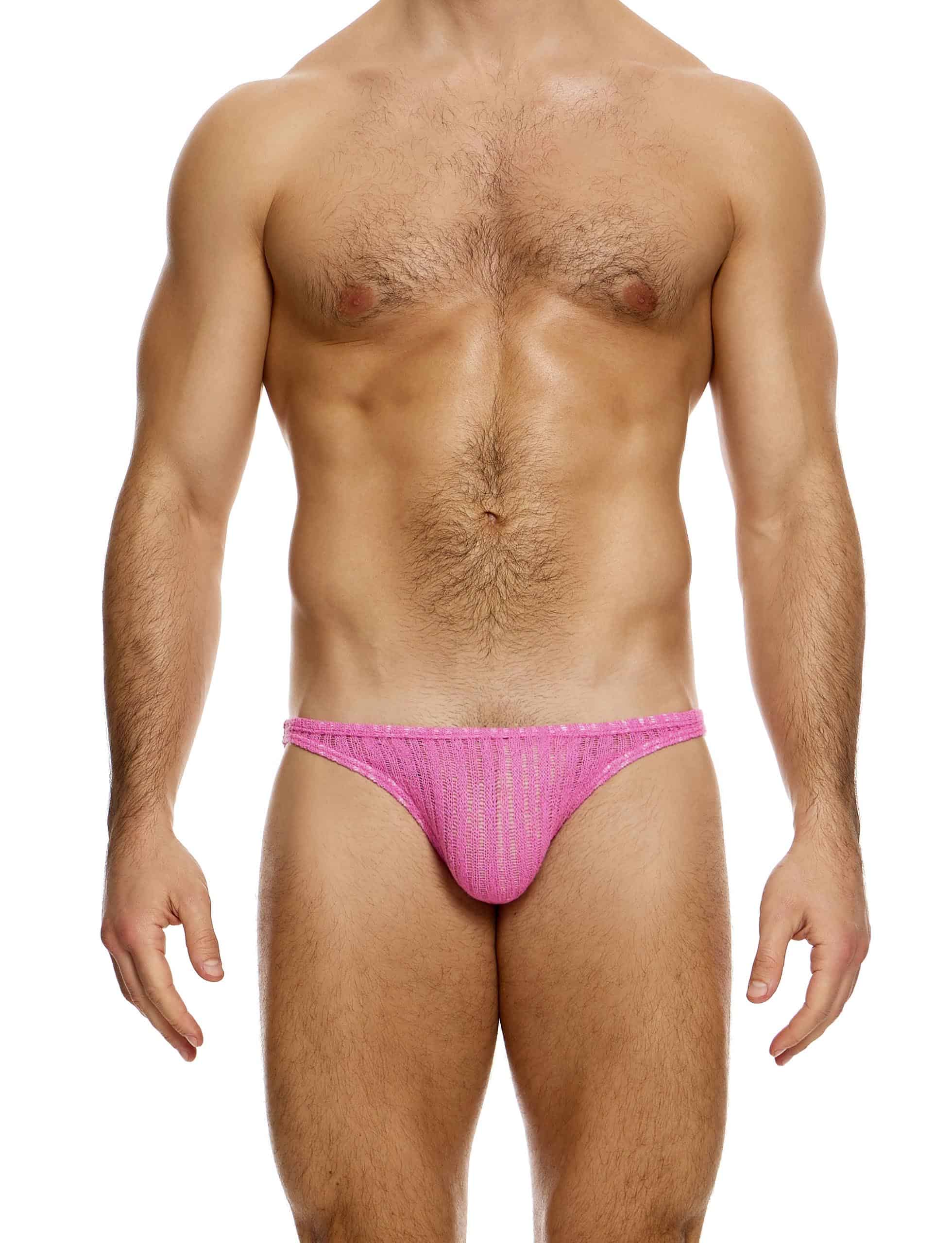 Modus Vivendi Striped Crochet Low Cut Brief. Made in Greece. Mens boxer Brief.  shorts. beach wear. ultra low cut brief. Pink