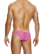 Modus Vivendi Striped Crochet Low Cut Brief. Made in Greece. Mens boxer Brief.  shorts. beach wear. ultra low cut brief. Pink