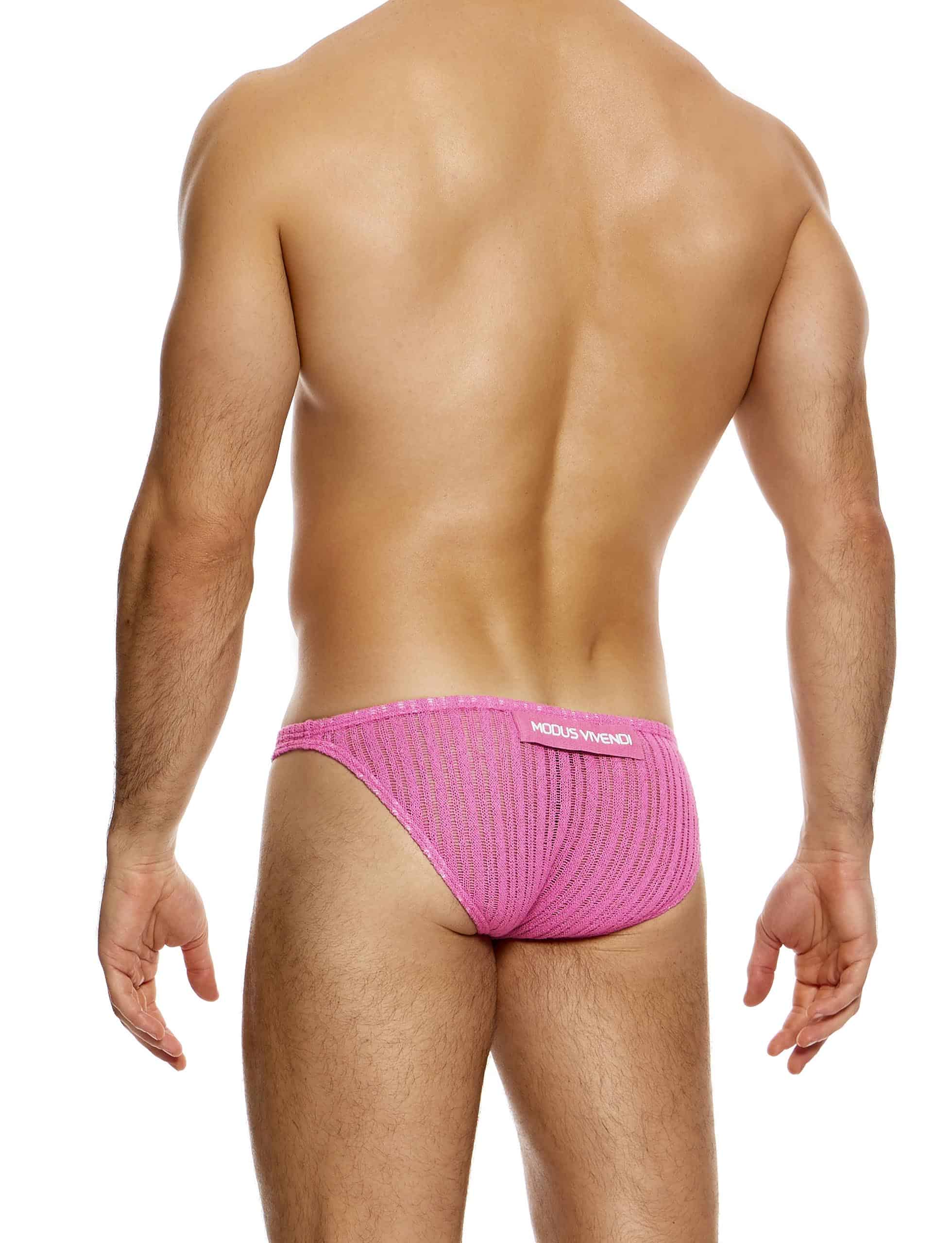 Modus Vivendi Striped Crochet Low Cut Brief. Made in Greece. Mens boxer Brief.  shorts. beach wear. ultra low cut brief. Pink