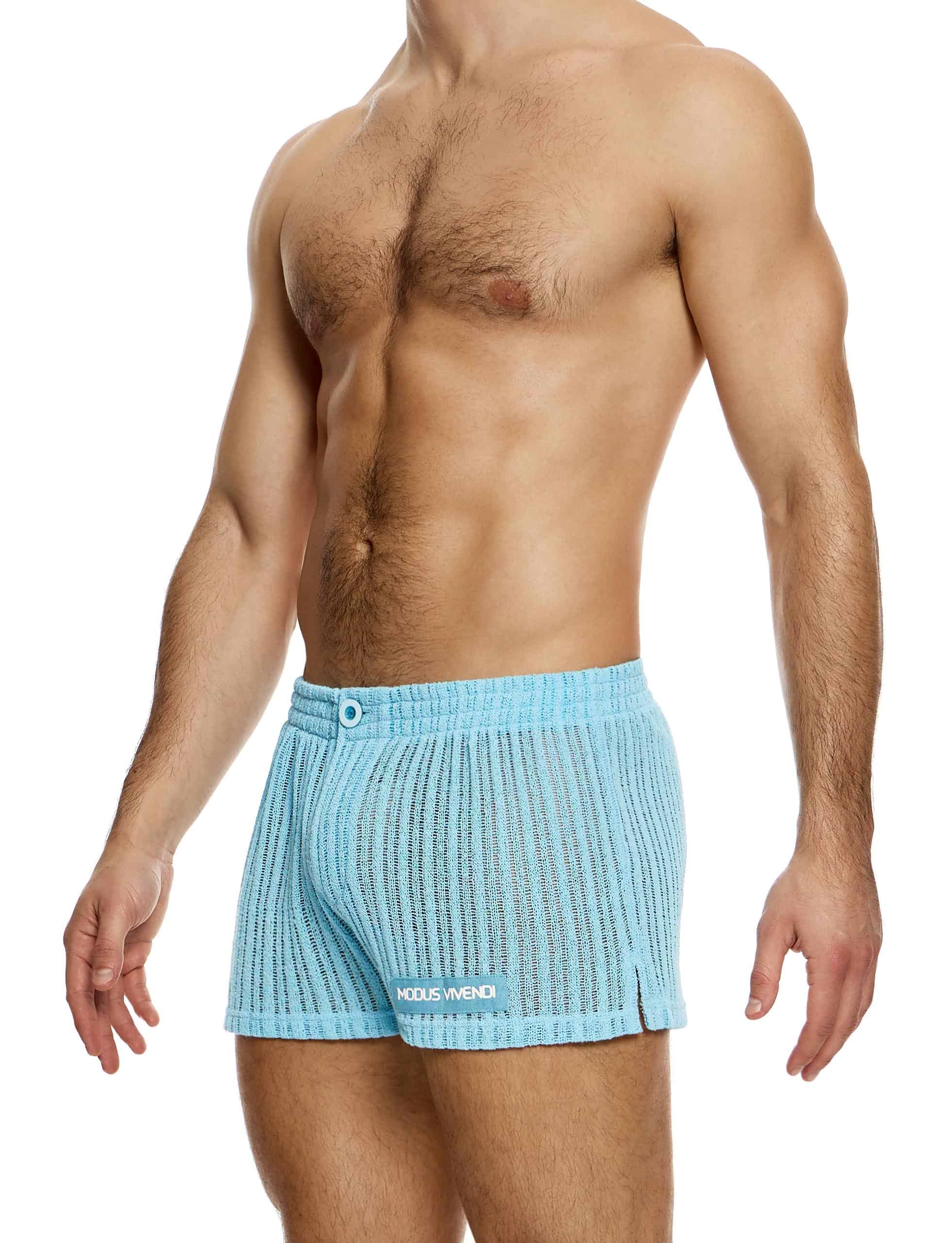 Modus Vivendi Striped Crochet Boxer Shorts. Made in Greece. Mens boxer Brief. Trunk short shorts mini shorts. beach wear. Blue shorts
