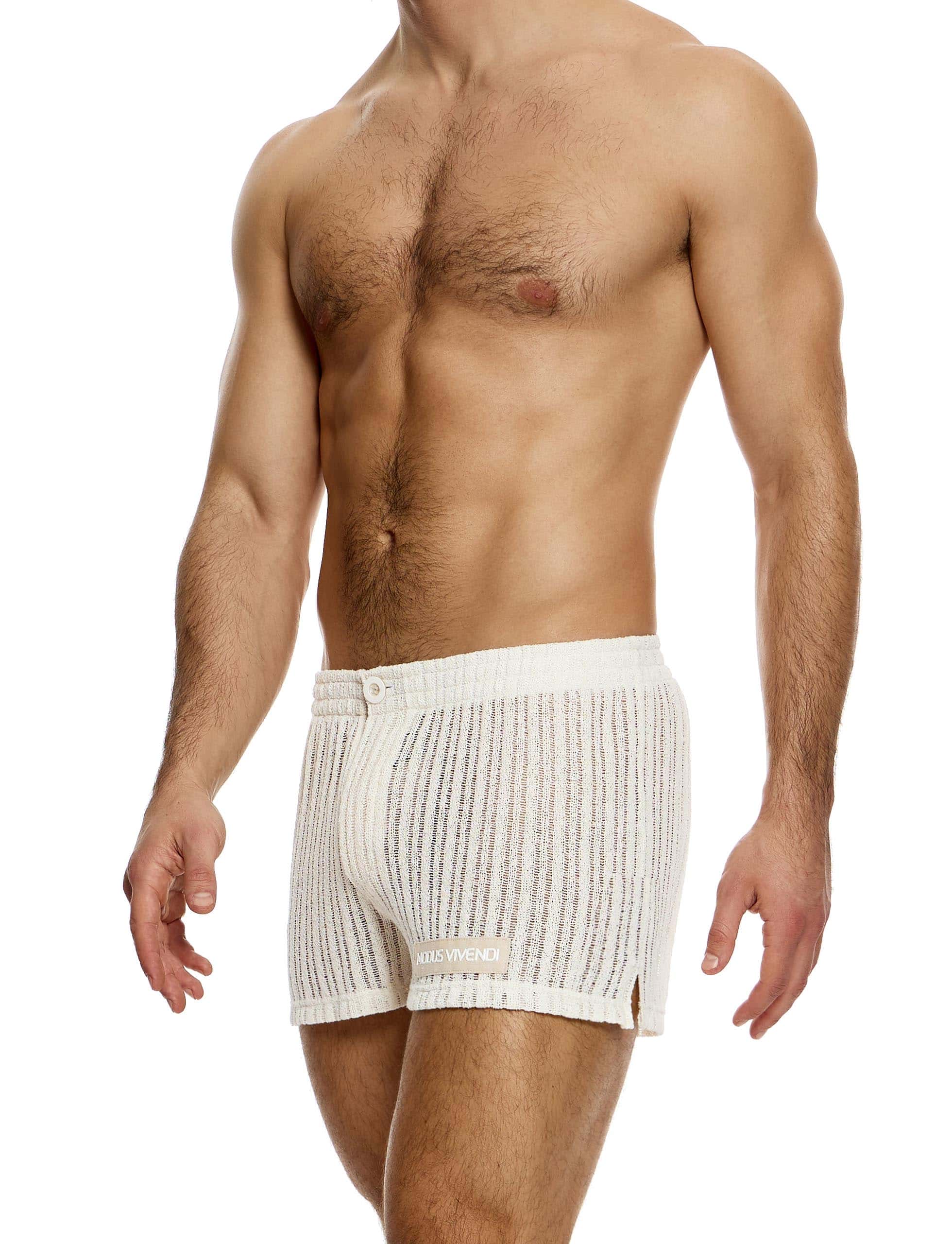 Modus Vivendi Striped Crochet Boxer Shorts. Made in Greece. Mens boxer Brief. Trunk short shorts mini shorts. beach wear. White shorts