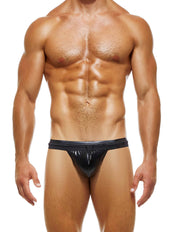 Modus Vivendi Transparent Latex Low Cut Tanga Brief. Made in Greece. Mens Tanga ultra low cut brief. underwear party. fetish. leather look black
