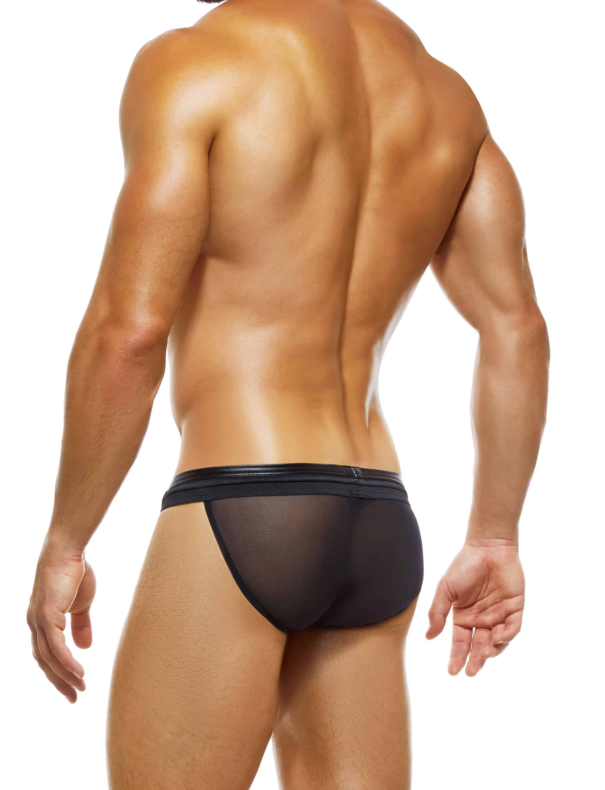 Modus Vivendi Transparent Latex Low Cut Tanga Brief. Made in Greece. Mens Tanga ultra low cut brief. underwear party. fetish. leather look black