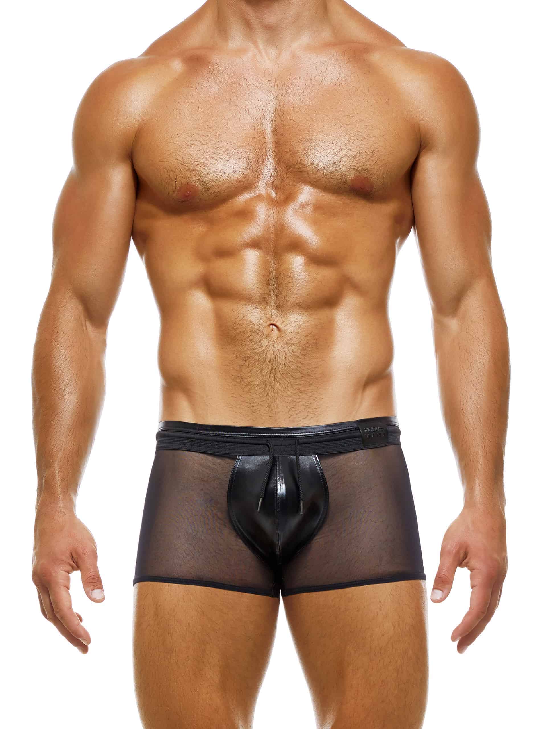 Modus Vivendi Transparent Latex Bottomless Boxer. Made in Greece. Mens boxer brief. Mens trunk. bottomless boxer trunk. underwear party. fetish. leather look black