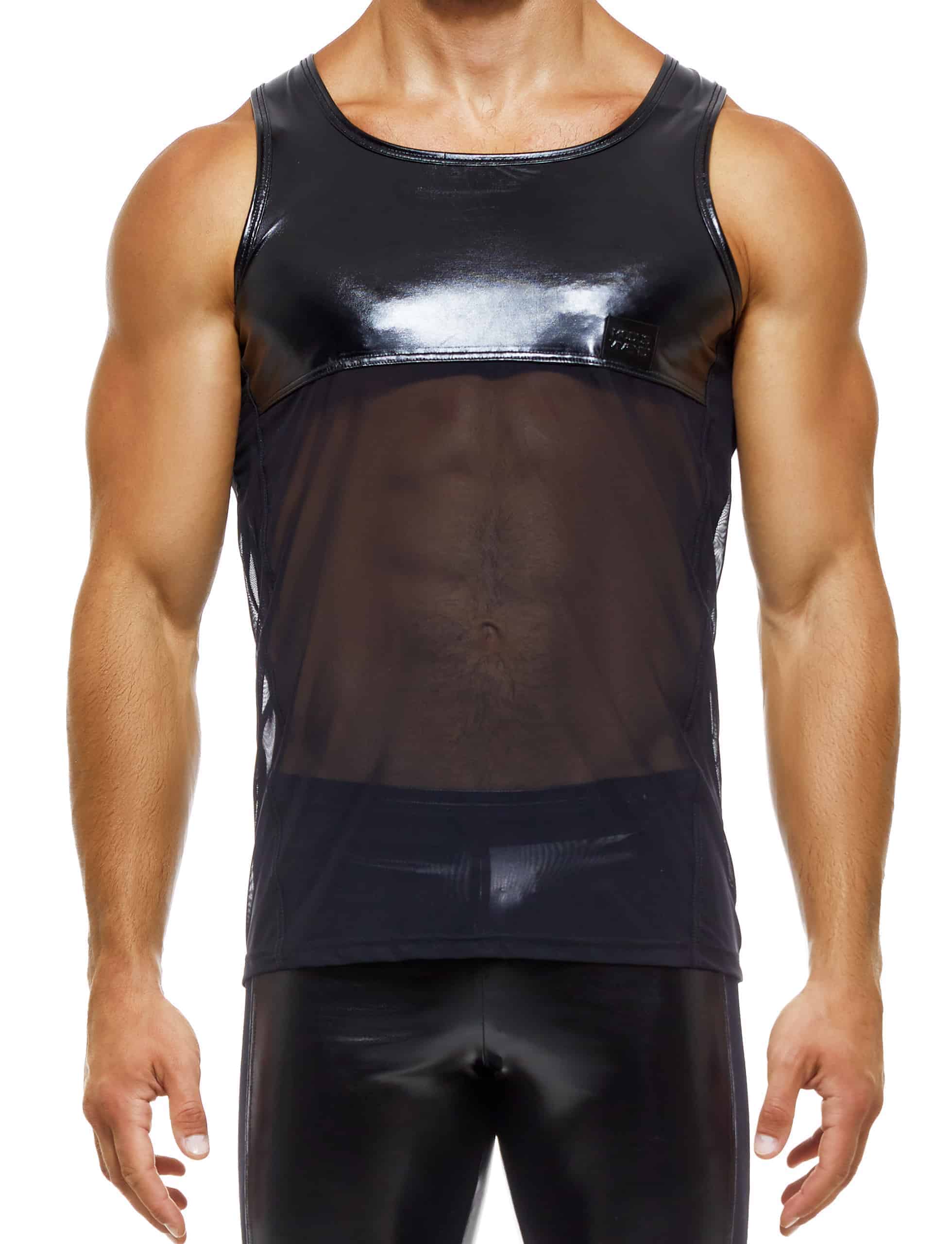 Modus Vivendi Transparent Latex Tanktop. Made in Greece. Mens tank top. gym gear. Work out wear. underwear party. fetish. leather look black. see through tank top