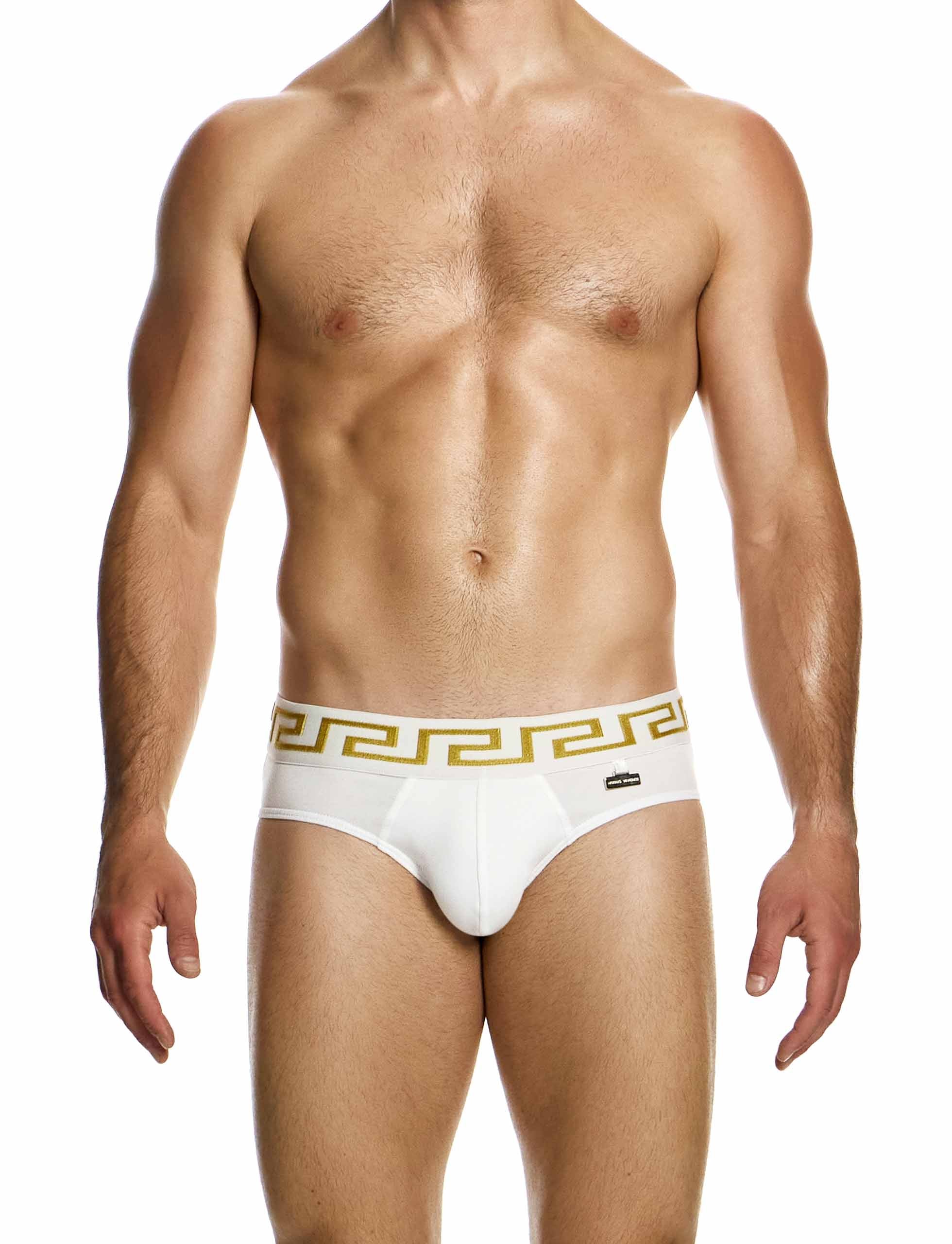 Modus Vivendi Meander Brief. Made in Greece. Party wear. underwear party. Fetish gear. boxer briefs, trunks. pride wear. White