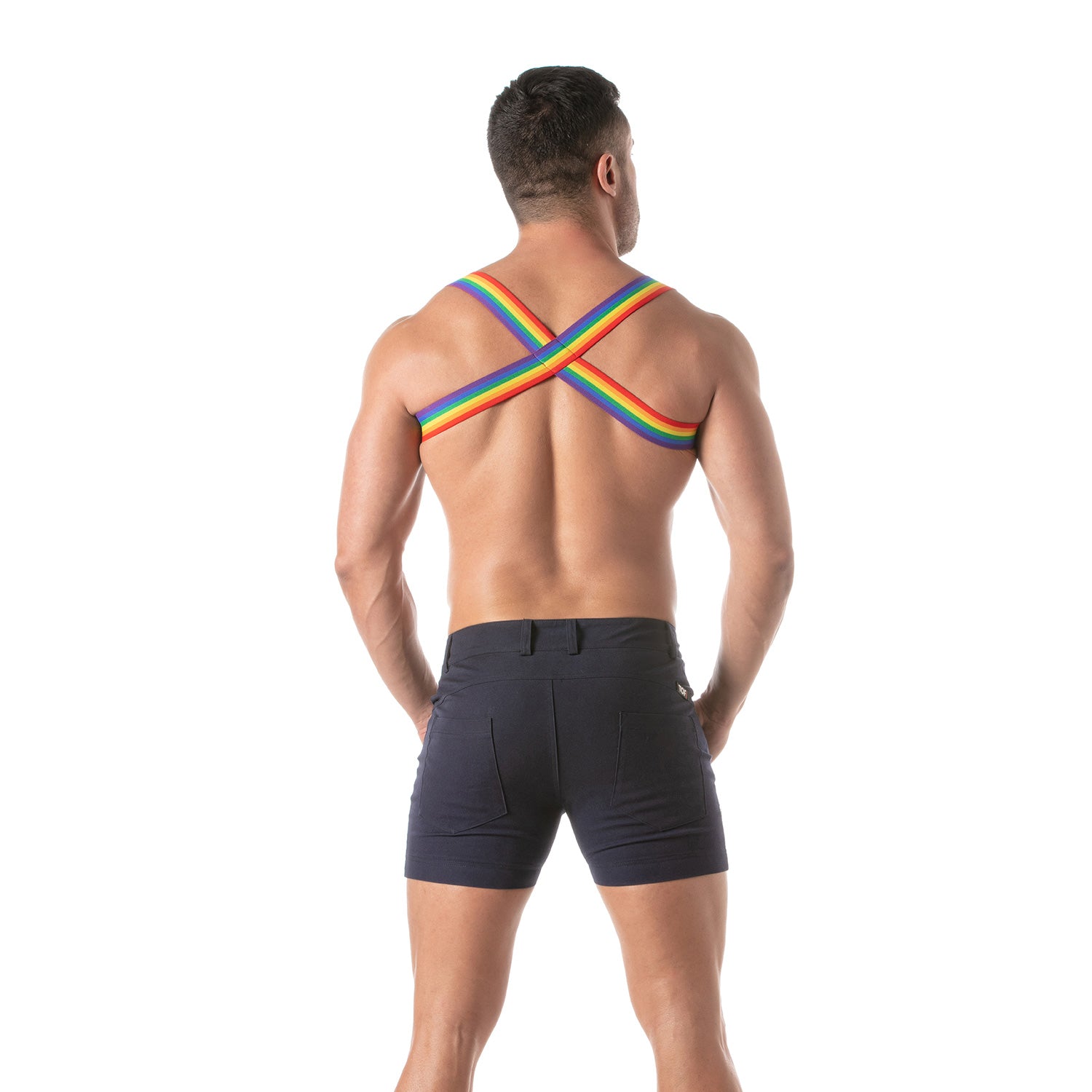 TOF Paris Rainbow Harness. made in france. wear with suspenders. Rainbow gay pride party wear fetish wear.