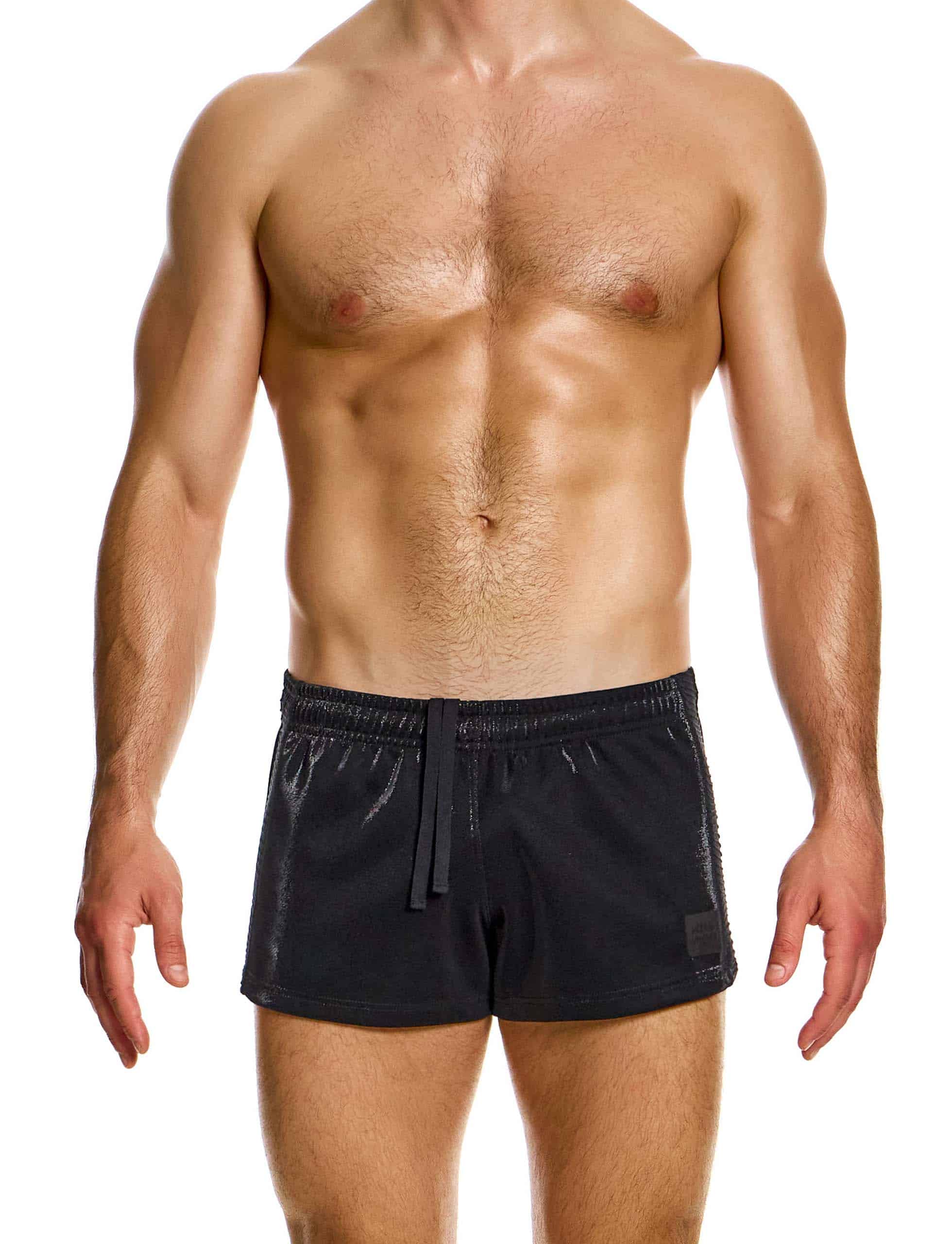 Modus Vivendi Curved 80s Shorts. Made in Greece. luxury comfort high quality. Mini shorts. gym wear. Party wear. work out shorts. gay men shorts. Black