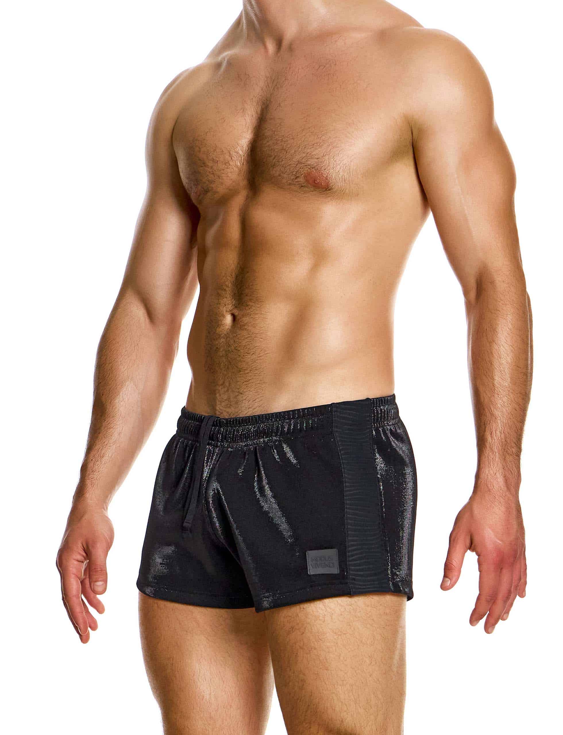 Modus Vivendi Curved 80s Shorts. Made in Greece. luxury comfort high quality. Mini shorts. gym wear. Party wear. work out shorts. gay men shorts. Black
