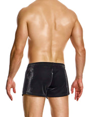 Modus Vivendi Curved 80s Shorts. Made in Greece. luxury comfort high quality. Mini shorts. gym wear. Party wear. work out shorts. gay men shorts. Black