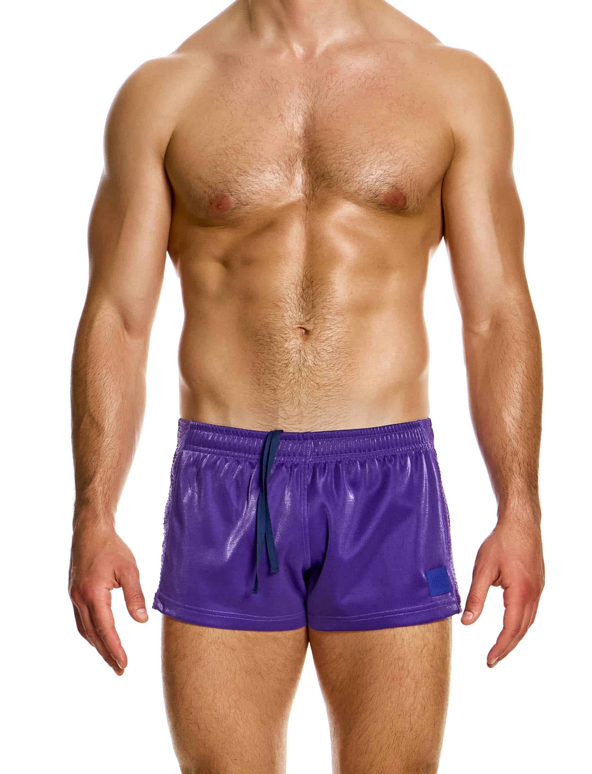 Modus Vivendi Curved 80s Shorts. Made in Greece. luxury comfort high quality. Mini shorts. gym wear. Party wear. work out shorts. gay men shorts. Purple