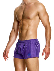 Modus Vivendi Curved 80s Shorts. Made in Greece. luxury comfort high quality. Mini shorts. gym wear. Party wear. work out shorts. gay men shorts. Purple