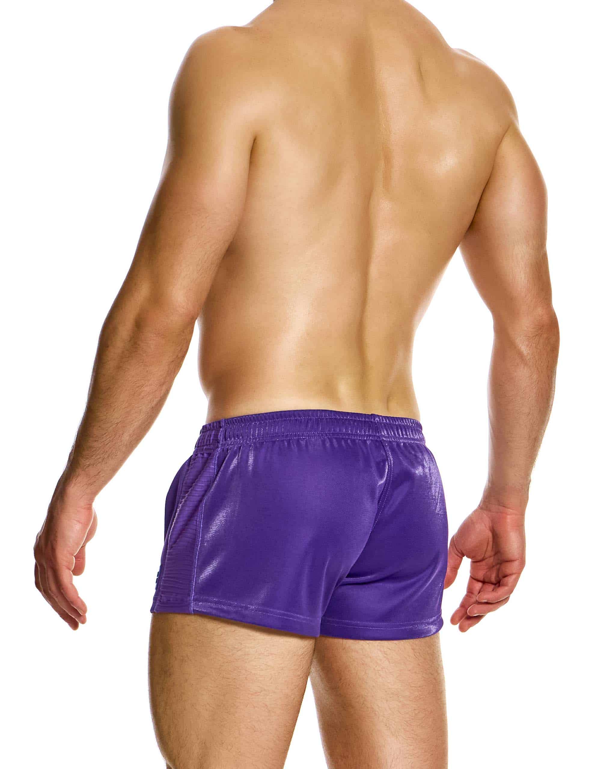 Modus Vivendi Curved 80s Shorts. Made in Greece. luxury comfort high quality. Mini shorts. gym wear. Party wear. work out shorts. gay men shorts. Purple