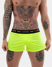 Barcode Berlin Riva Shorts. Made in Portugal. Party wear. gay man underwear party. Beach wear. Gym wear. work out gear. Pride mini shorts. Yellow