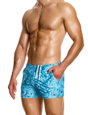 Modus Vivendi Origami Swim Shorts Made in Greece. Party wear.  Fetish gear. blue floral swim shorts