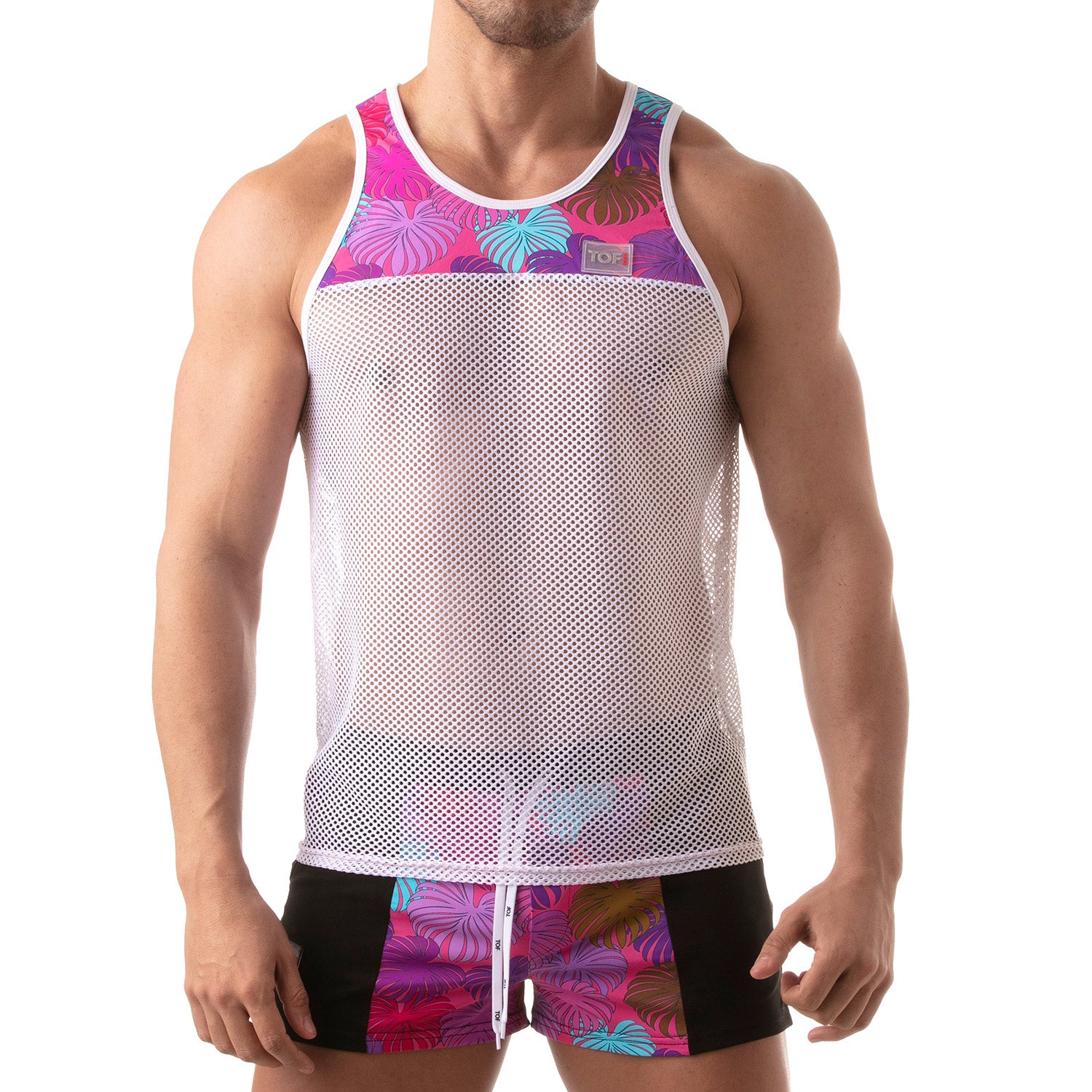 TOF Paris, made in France, Fetish wear, Party wear, mesh with pink palm leaves white