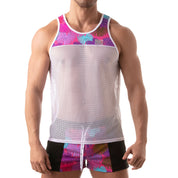 TOF Paris, made in France, Fetish wear, Party wear, mesh with pink palm leaves white