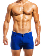 Modus Vivendi Classic 5 Pocket Swim Shorts. Made in Greece. luxury comfort high quality. Swimwear tight mini shorts. Blue
