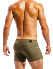Modus Vivendi Classic 5 Pocket Swim Shorts. Made in Greece. luxury comfort high quality. Swimwear tight mini shorts. Green