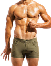 Modus Vivendi Classic 5 Pocket Swim Shorts. Made in Greece. luxury comfort high quality. Swimwear tight mini shorts. Green