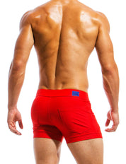 Modus Vivendi Classic 5 Pocket Swim Shorts. Made in Greece. luxury comfort high quality. Swimwear tight mini shorts. Red