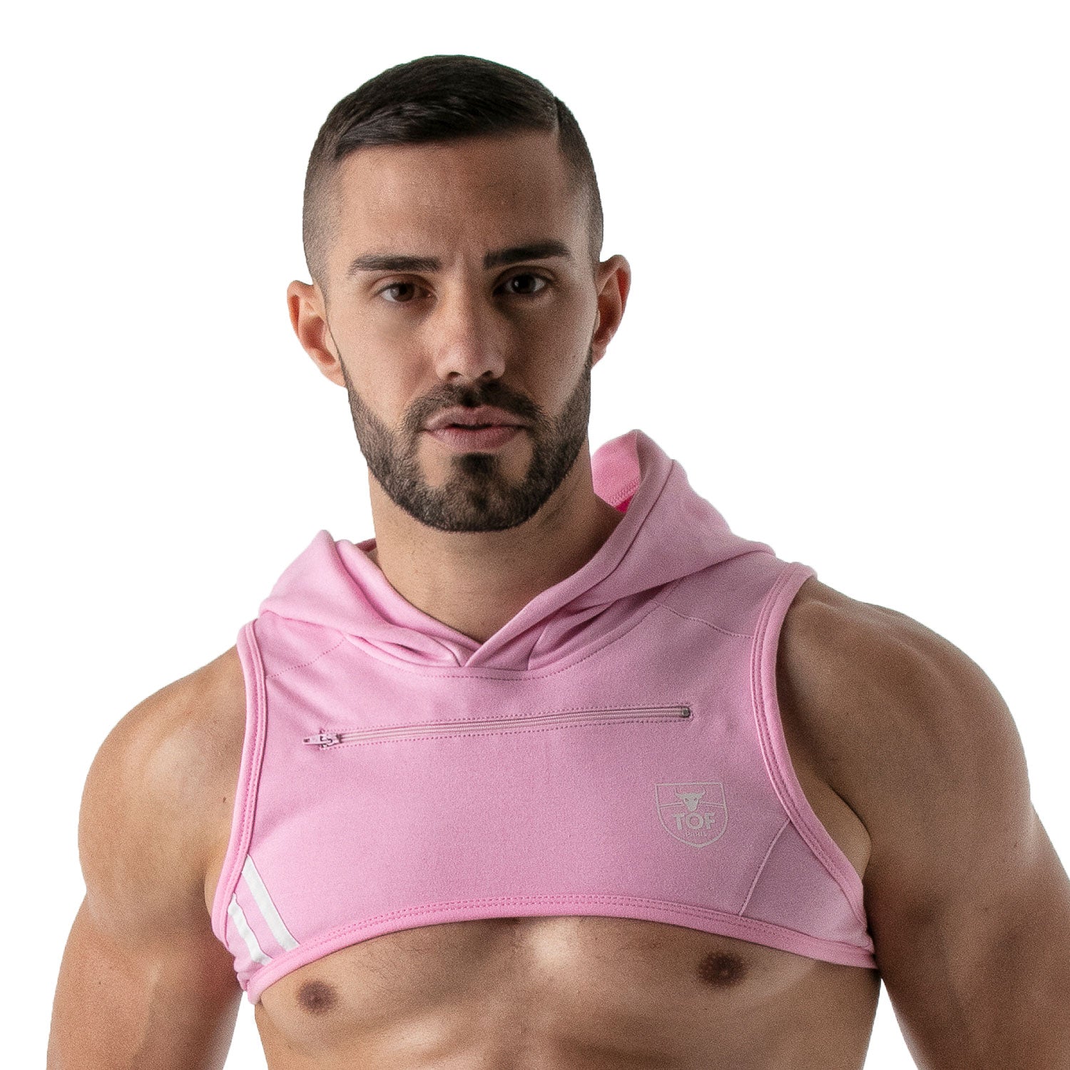 TOF Paris Paris Hoodie Harness Pink. Made in France. cropped top hooded. Mens gym wear. party wear. fetish wear. Pink