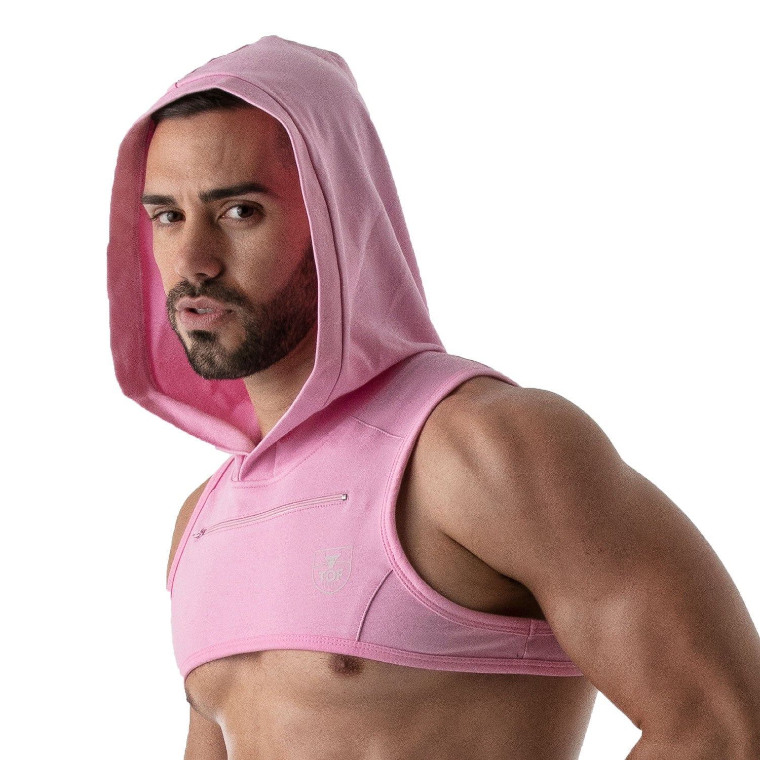 TOF Paris Paris Hoodie Harness Pink. Made in France. cropped top hooded. Mens gym wear. party wear. fetish wear. Pink