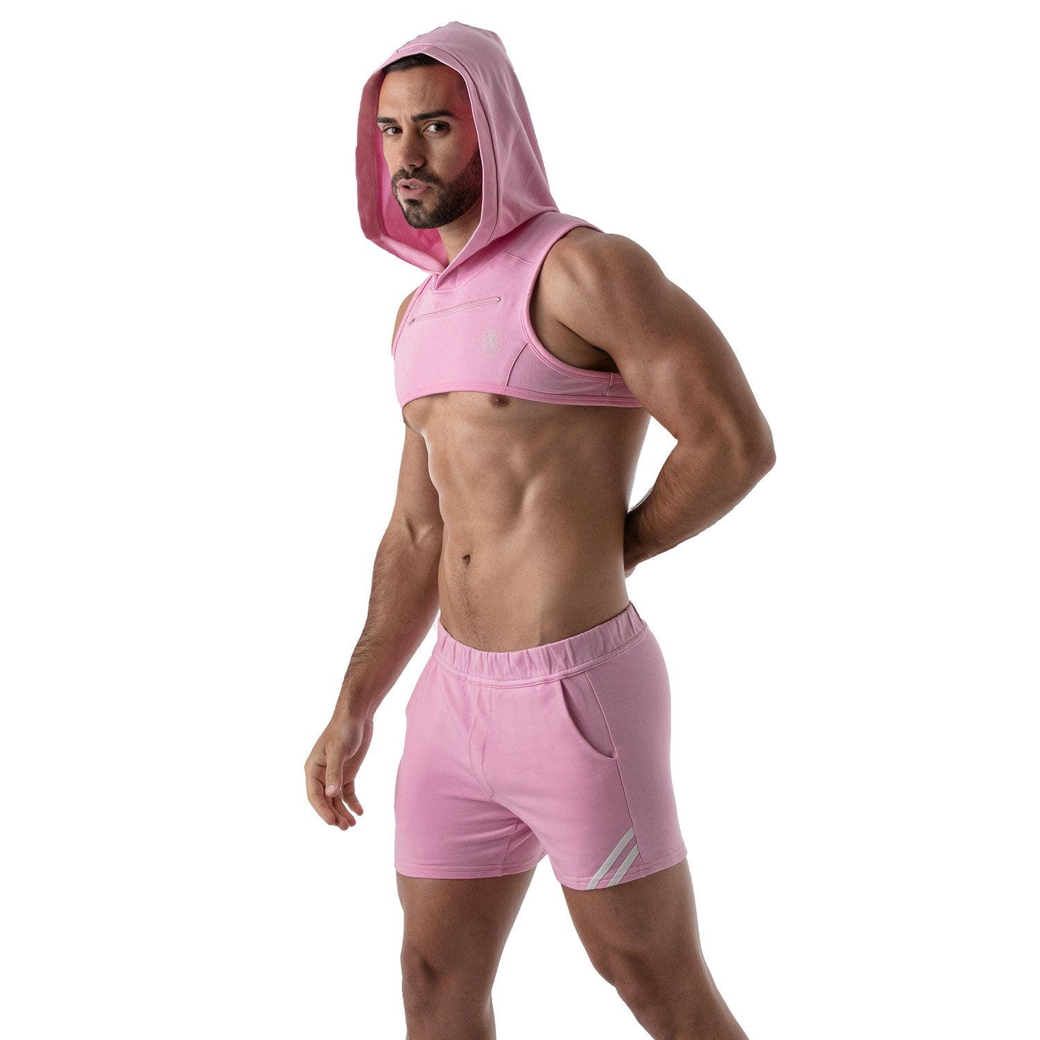 TOF Paris Paris Hoodie Harness Pink. Made in France. cropped top hooded. Mens gym wear. party wear. fetish wear. Pink