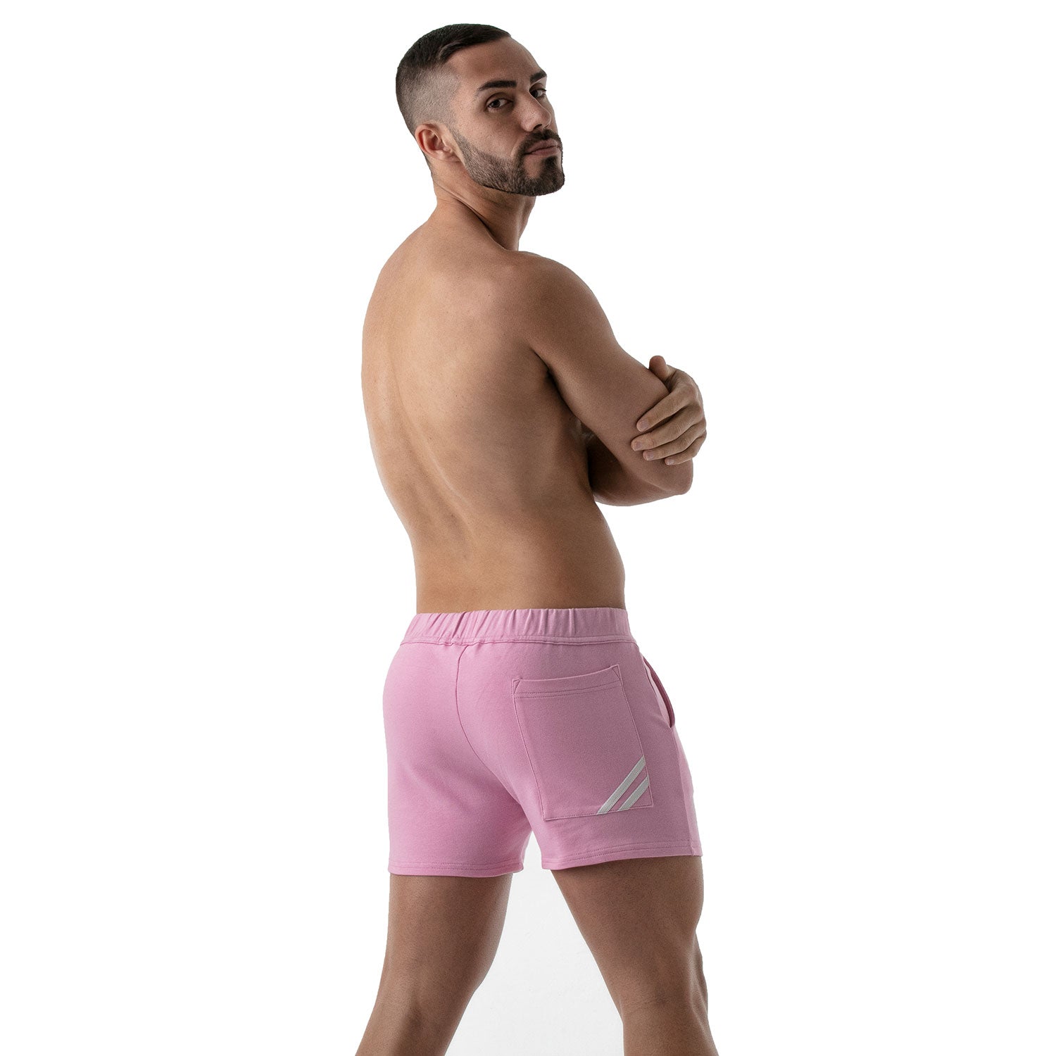 TOF Paris Paris shorts. Made in France. cropped top hooded. Mens quality gym wear. party wear. fetish wear. Pink