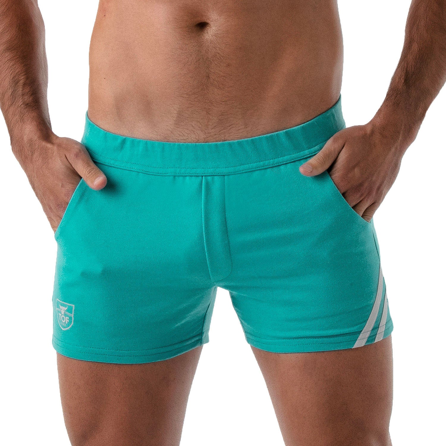 TOF Paris Paris shorts. Made in France. cropped top hooded. Mens quality gym wear. party wear. fetish wear. green