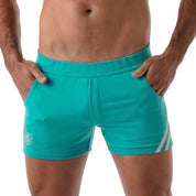 TOF Paris Paris shorts. Made in France. cropped top hooded. Mens quality gym wear. party wear. fetish wear. green