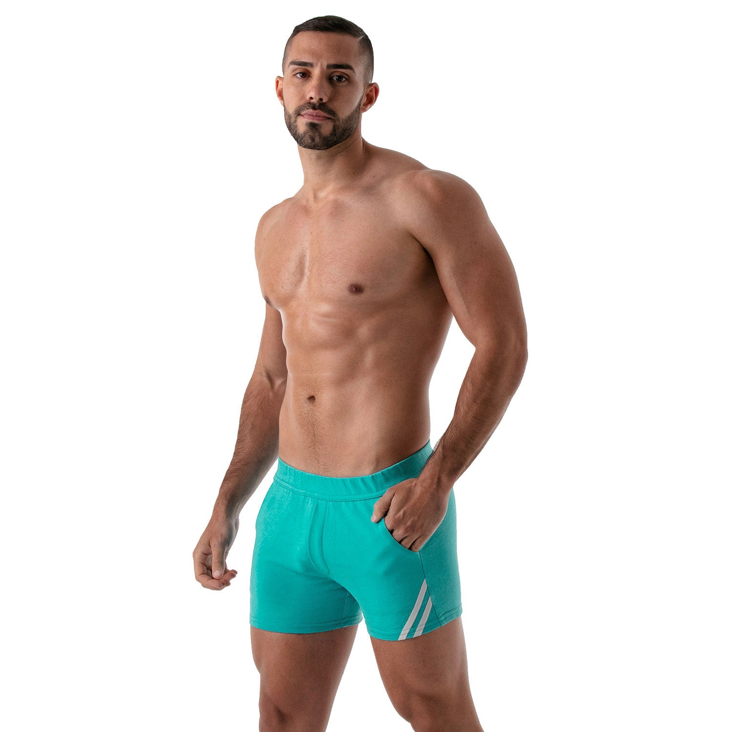 TOF Paris Paris shorts. Made in France. cropped top hooded. Mens quality gym wear. party wear. fetish wear. green