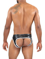 TOF Paris Pilot Bottomless Brief.  Made in France. Mesh bottom. leather look black and white. Fetish wear. party wear.