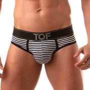 TOF Paris, made in France, breathable briefs. everyday cotton briefs. ultra comfort. sailor briefs, luxury sexy stripes. Black and white party wear
