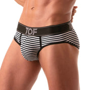 TOF Paris, made in France, breathable briefs. everyday cotton briefs. ultra comfort. sailor briefs, luxury sexy stripes. Black and white party wear