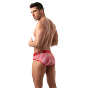 TOF Paris, made in France, breathable briefs. everyday cotton briefs. ultra comfort. sailor briefs, luxury sexy stripes. Red and white party wear