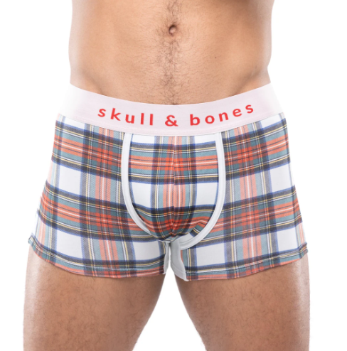 Skull and Bones Tartan Plaid Trunk White. Mens trunk. boxer Briefs